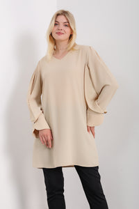 Oversized Detailed Sleeves V Neck Tunic in Beige