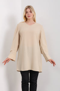 Oversized Detailed Sleeves V Neck Tunic in Beige