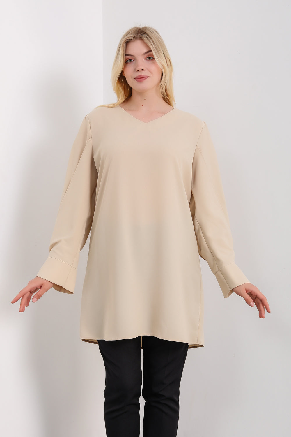 Oversized Detailed Sleeves V Neck Tunic in Beige