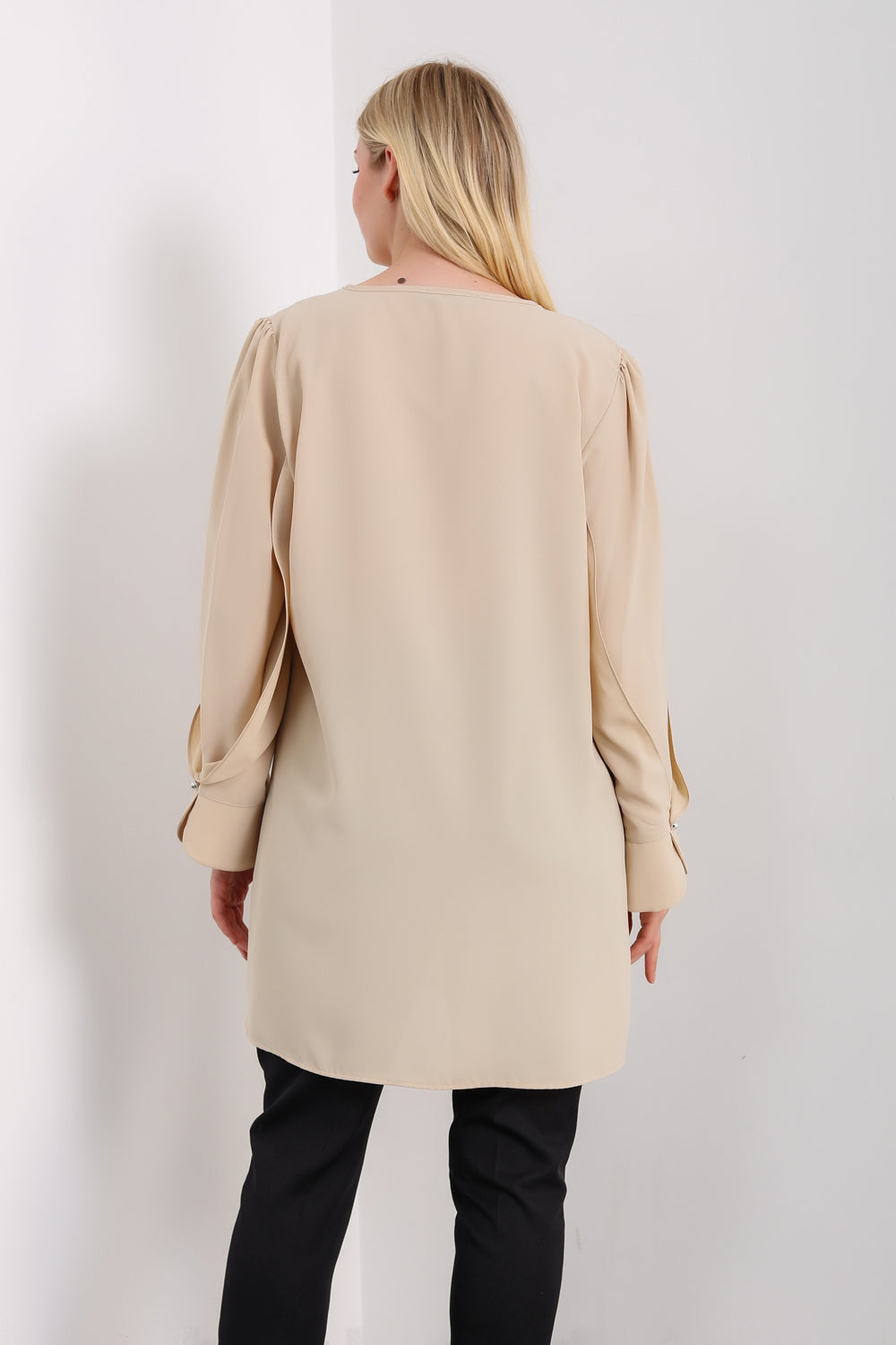 Oversized Detailed Sleeves V Neck Tunic in Beige