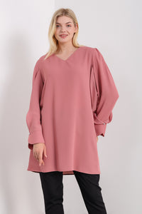 Oversized Detailed Sleeves V Neck Tunic in Pink