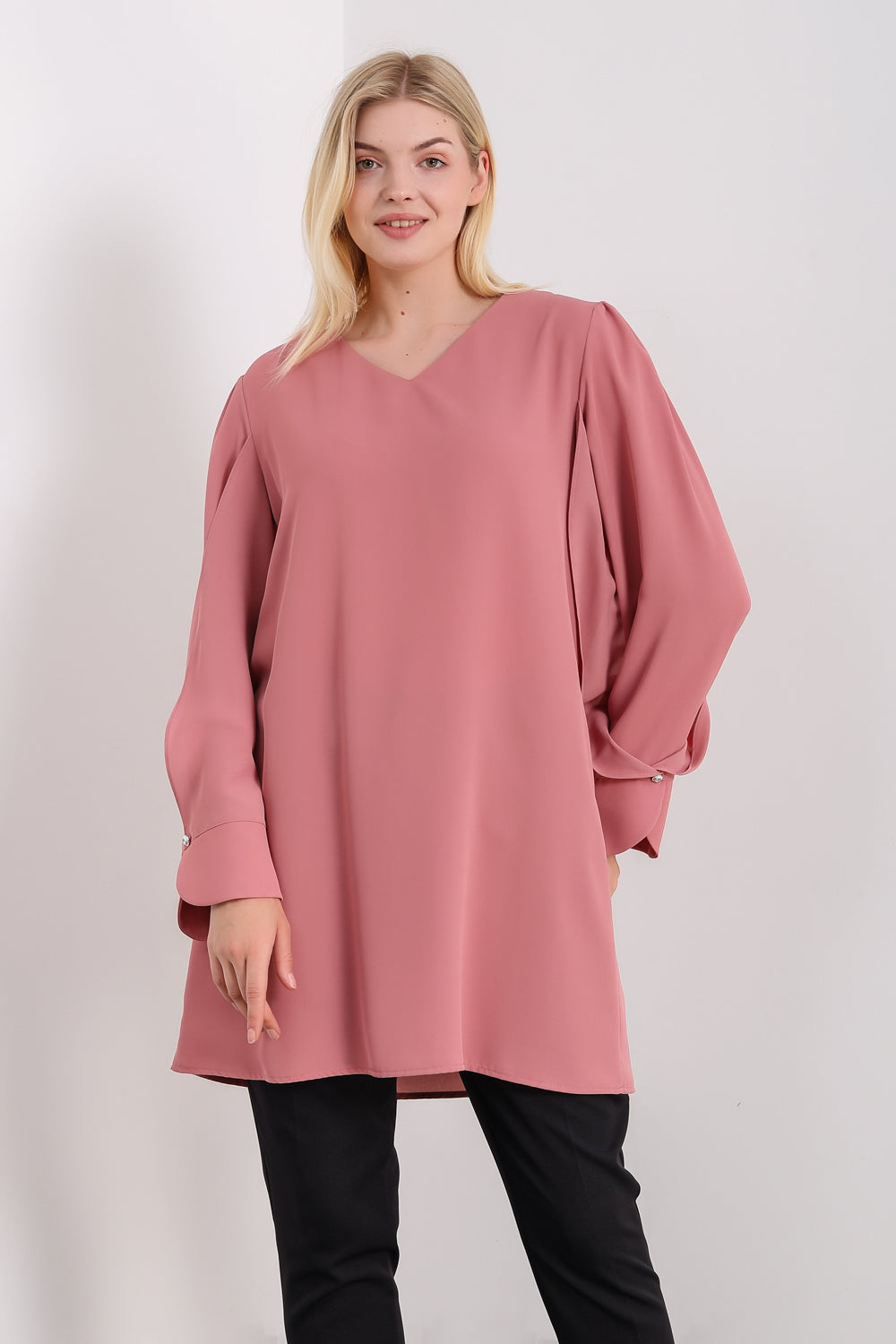 Oversized Detailed Sleeves V Neck Tunic in Pink
