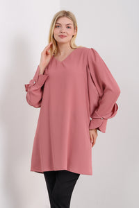 Oversized Detailed Sleeves V Neck Tunic in Pink