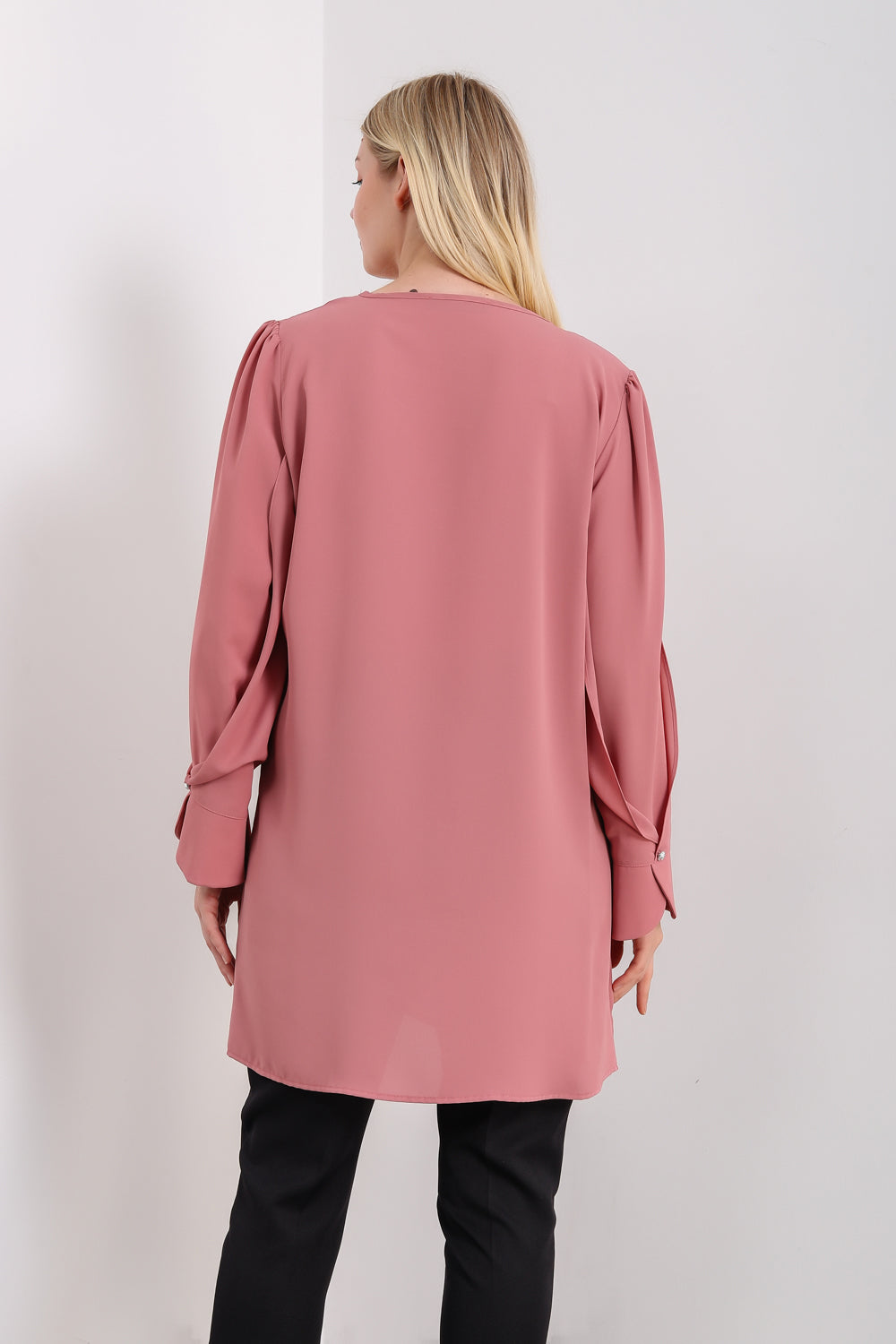 Oversized Detailed Sleeves V Neck Tunic in Pink