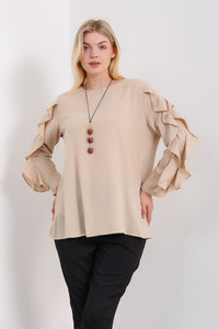 Oversized Ruffle Sleeve Relaxed Fit Top In Beige