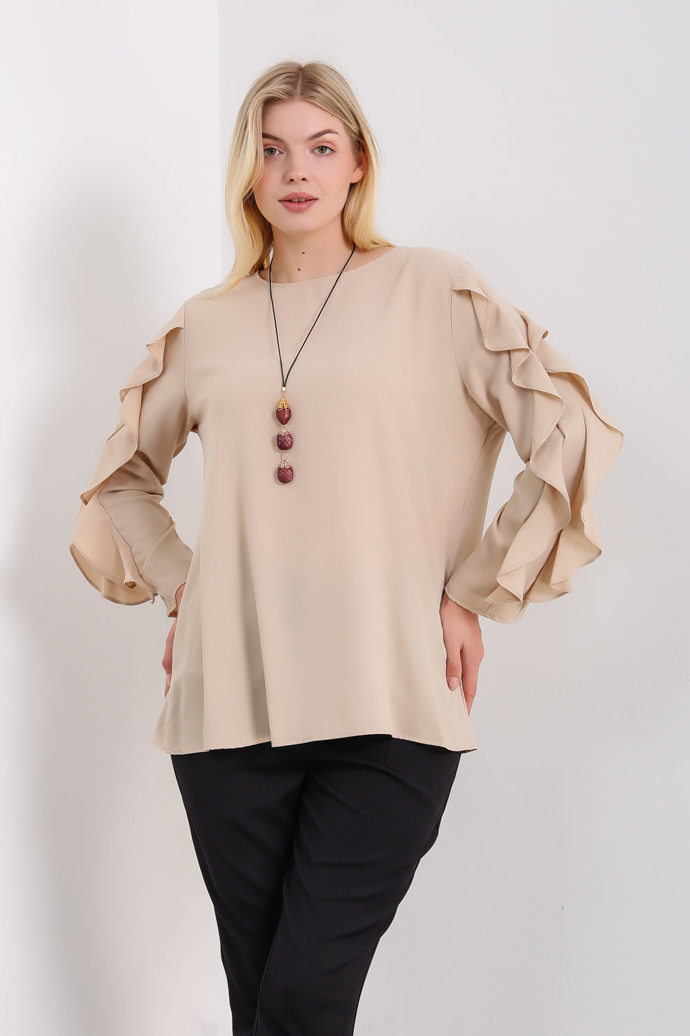 Oversized Ruffle Sleeve Relaxed Fit Top In Beige