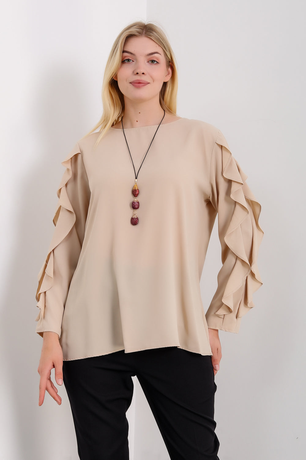 Oversized Ruffle Sleeve Relaxed Fit Top In Beige