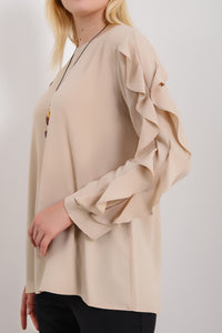 Oversized Ruffle Sleeve Relaxed Fit Top In Beige