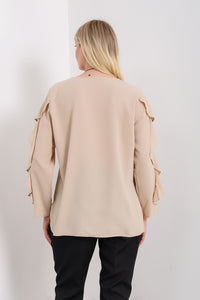 Oversized Ruffle Sleeve Relaxed Fit Top In Beige