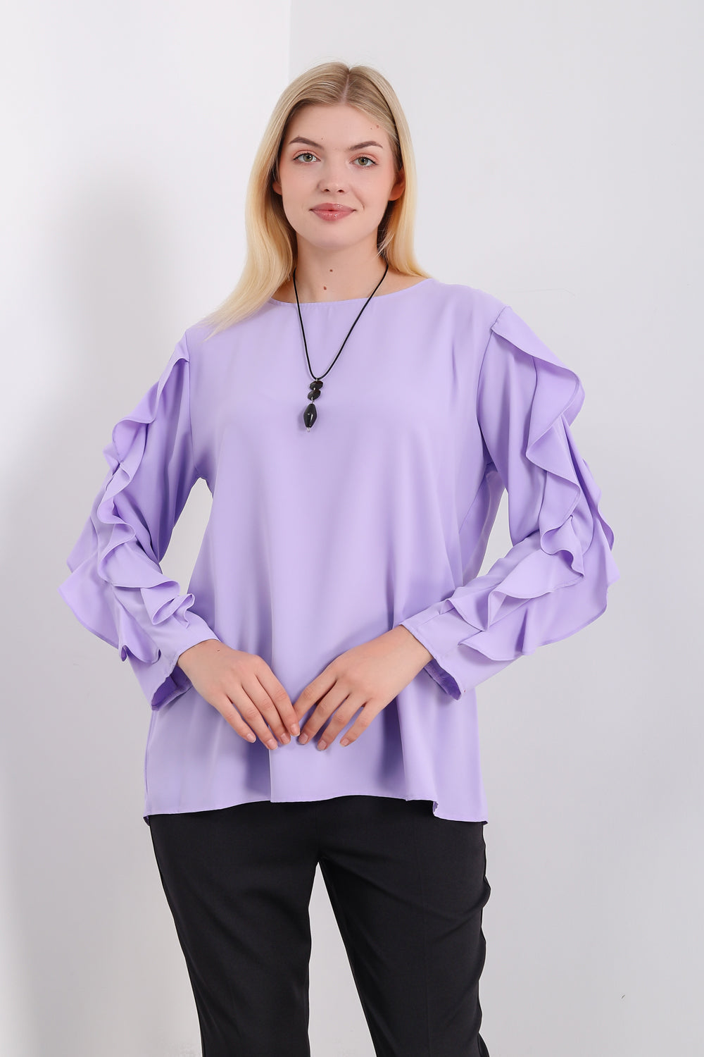 Oversized Ruffle Sleeve Relaxed Fit Top In Lilac