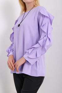 Oversized Ruffle Sleeve Relaxed Fit Top In Lilac