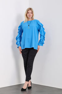 Oversized Ruffle Sleeve Relaxed Fit Top In Blue