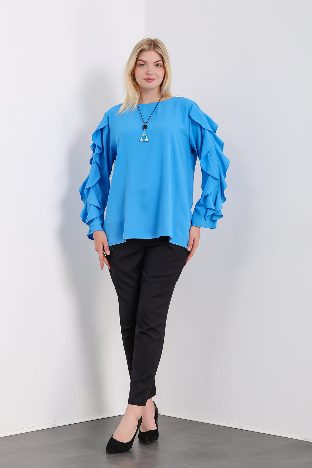 Oversized Ruffle Sleeve Relaxed Fit Top In Blue