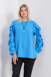 Oversized Ruffle Sleeve Relaxed Fit Top In Blue