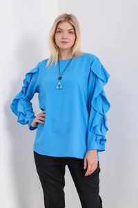 Oversized Ruffle Sleeve Relaxed Fit Top In Blue
