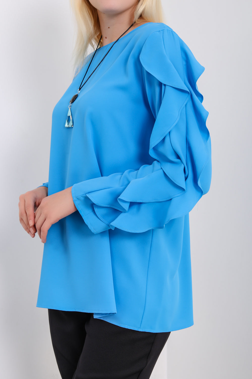 Oversized Ruffle Sleeve Relaxed Fit Top In Blue