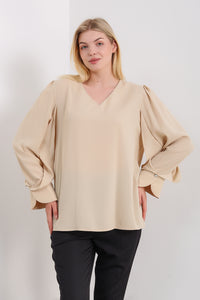 Long Sleeves Detailed Cuff Blouse with V Neck in Beige
