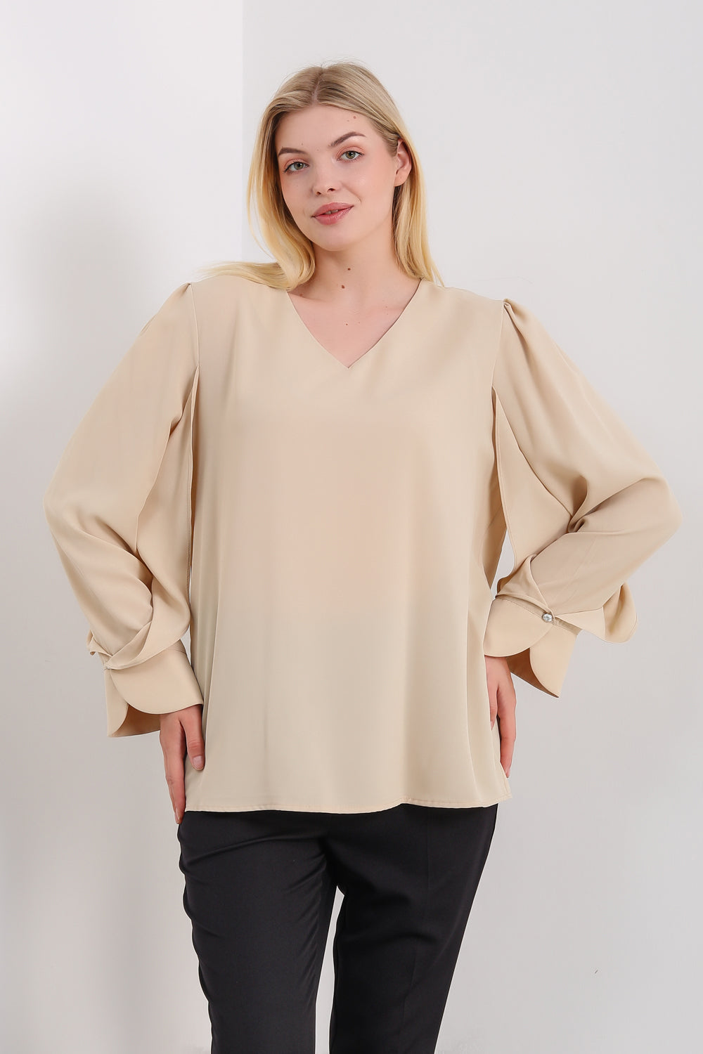 Long Sleeves Detailed Cuff Blouse with V Neck in Beige