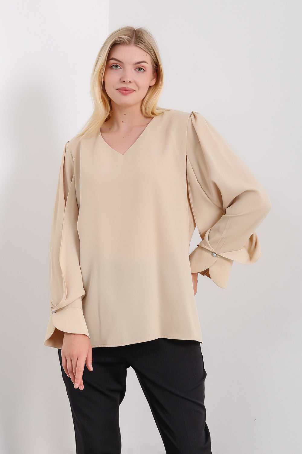 Long Sleeves Detailed Cuff Blouse with V Neck in Beige