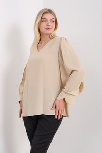 Long Sleeves Detailed Cuff Blouse with V Neck in Beige