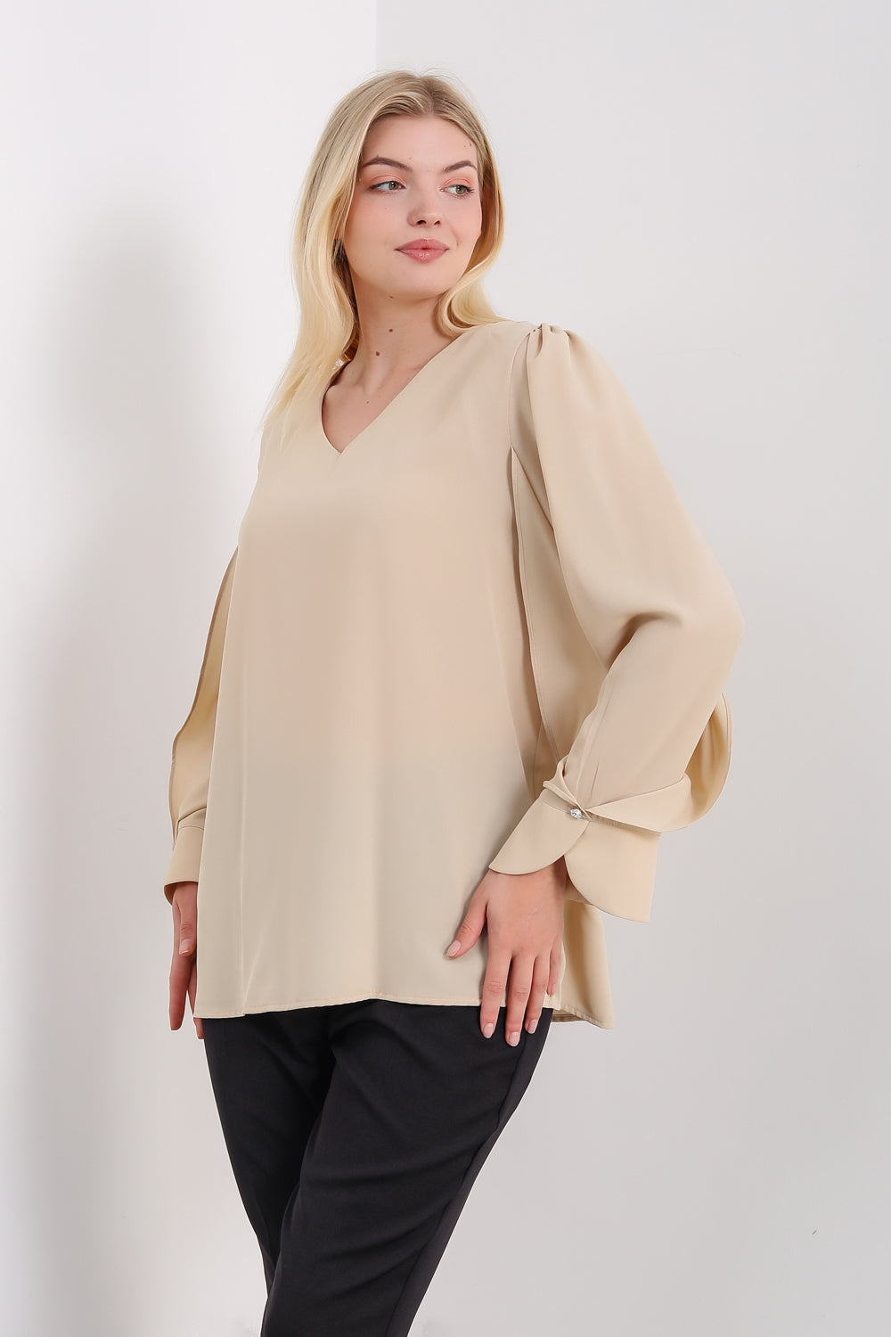 Long Sleeves Detailed Cuff Blouse with V Neck in Beige