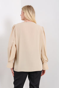Long Sleeves Detailed Cuff Blouse with V Neck in Beige