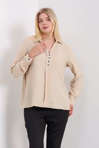 Oversized Long Sleeves Blouse Shirt with Button Details in Beige