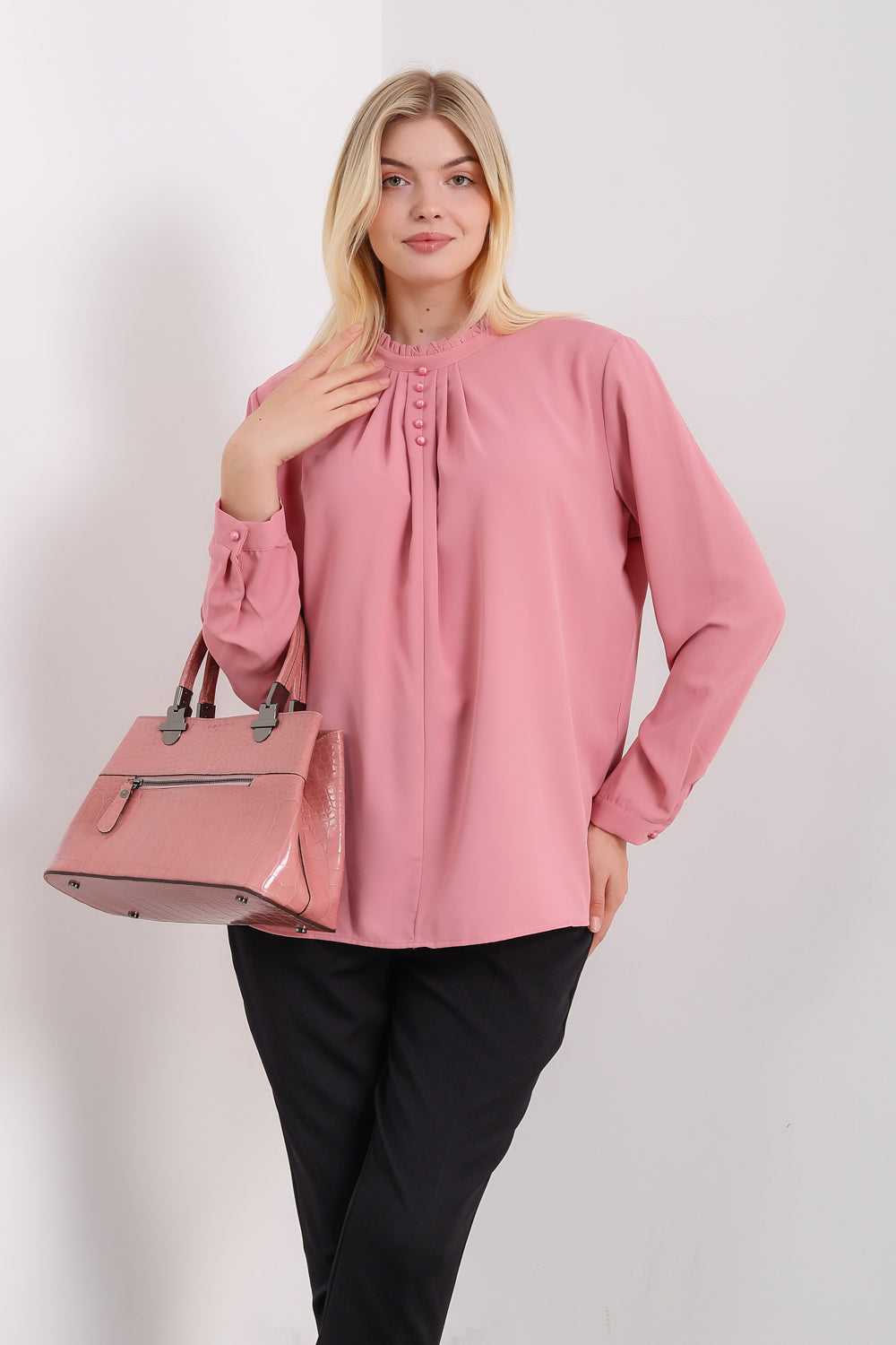 Oversized Ruffle Neck Top with Long Sleeves in Pink