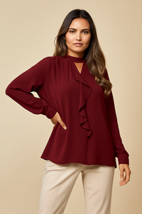 Oversized Long Sleeves Frill Front Blouse with Detailed Neckline in Burgundy