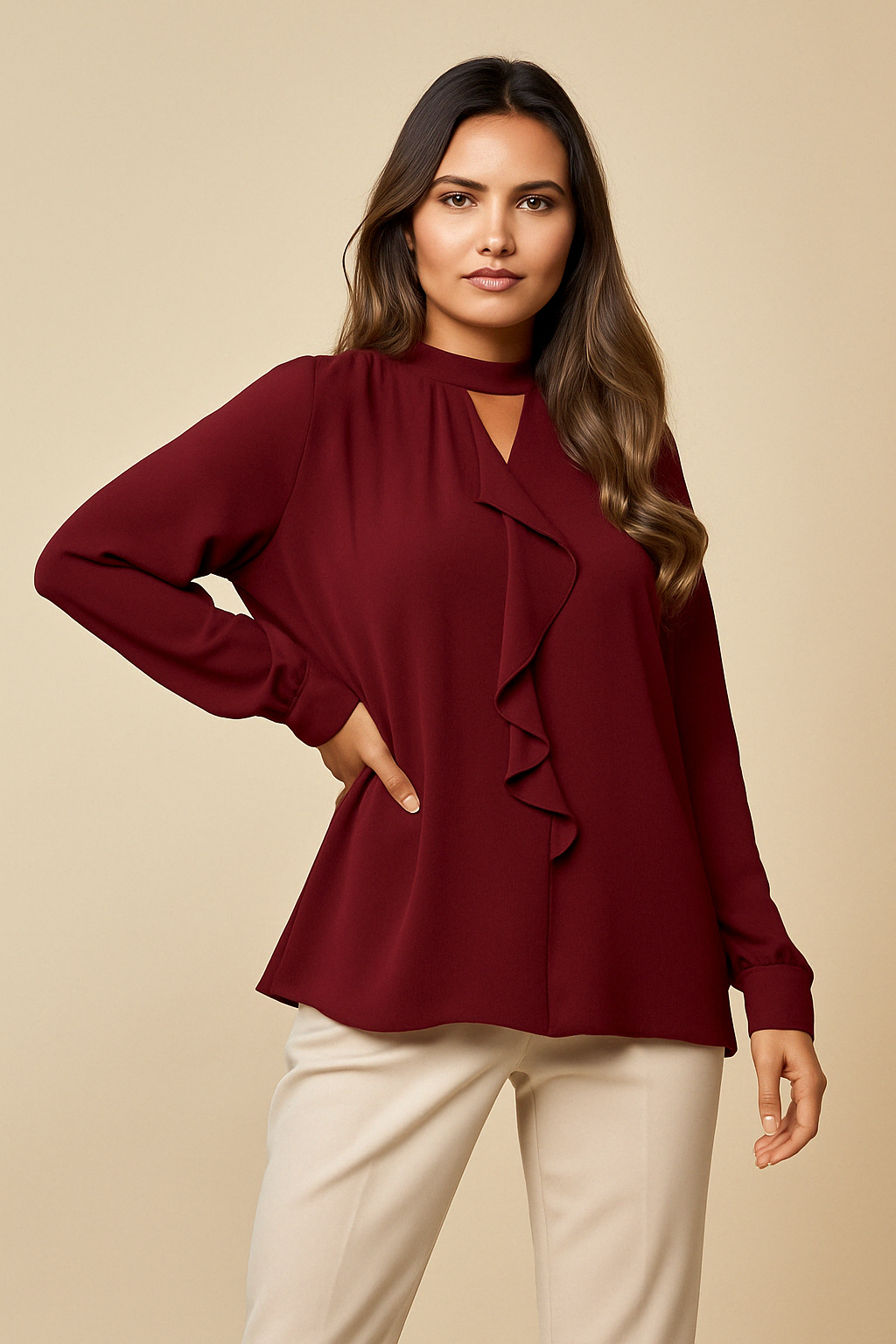 Oversized Long Sleeves Frill Front Blouse with Detailed Neckline in Burgundy