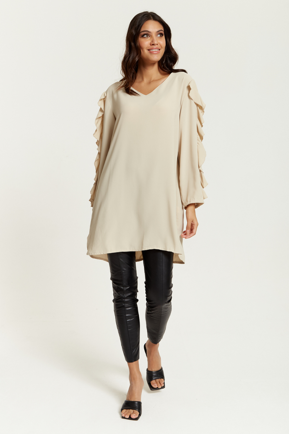 Relaxed Fit Ruffle Sleeve Relaxed Fit Tunic in Beige
