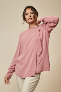 Relaxed Fit High Neck Top with Brooch Details in Pink