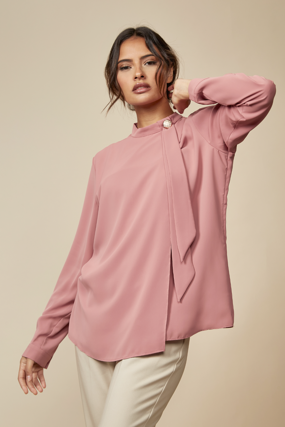 Relaxed Fit High Neck Top with Brooch Details in Pink