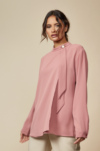 Relaxed Fit High Neck Top with Brooch Details in Pink