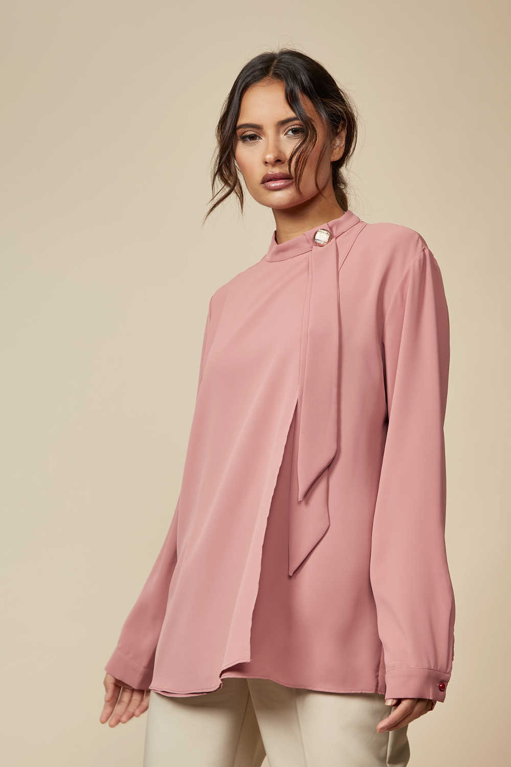 Relaxed Fit High Neck Top with Brooch Details in Pink
