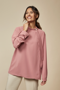 Relaxed Fit High Neck Top with Brooch Details in Pink