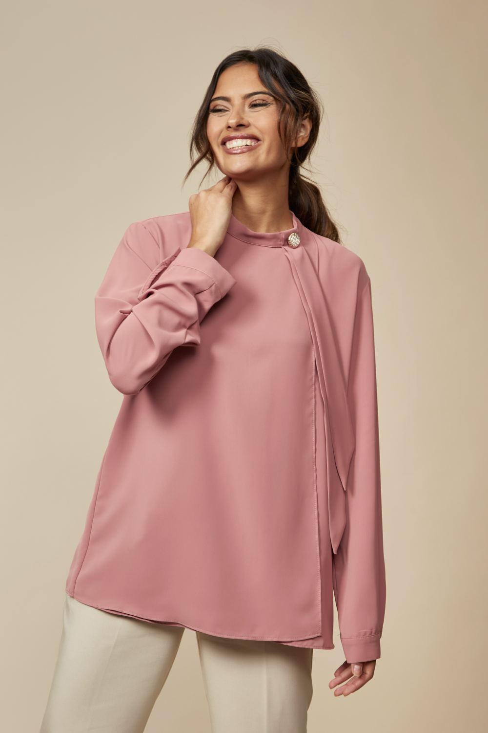 Relaxed Fit High Neck Top with Brooch Details in Pink