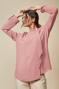 Relaxed Fit High Neck Top with Brooch Details in Pink