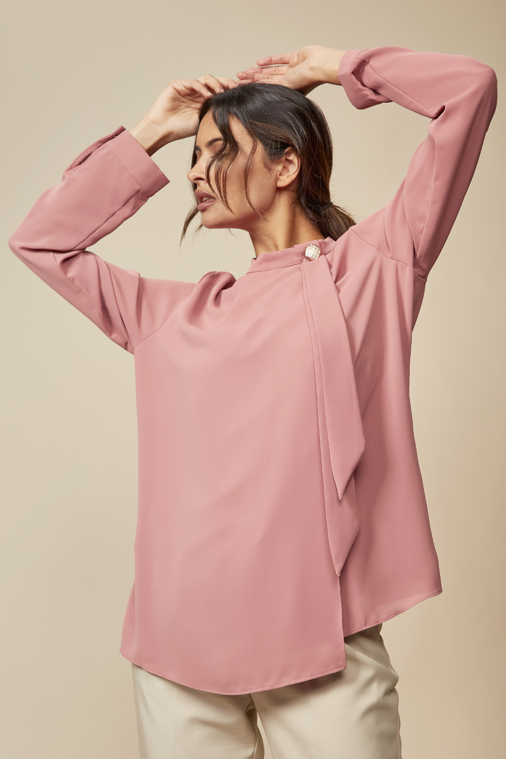 Relaxed Fit High Neck Top with Brooch Details in Pink