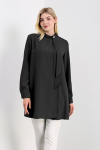 Oversized High Neck Tunic Top with Brooch Details in Black