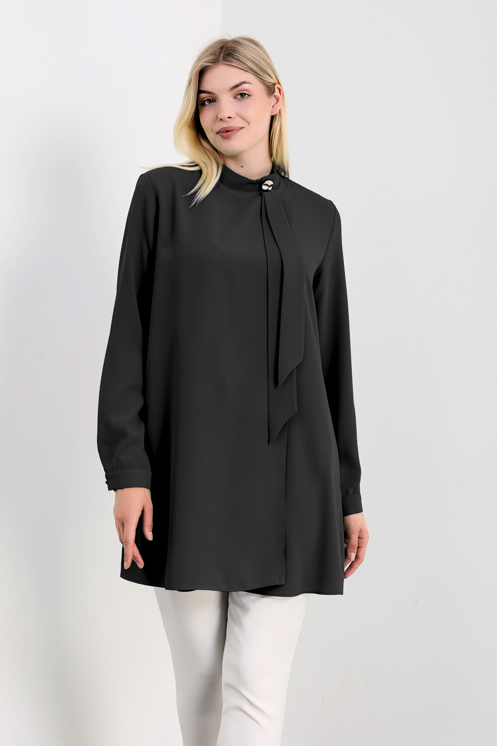 Oversized High Neck Tunic Top with Brooch Details in Black