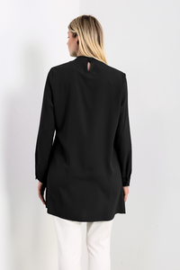 Oversized High Neck Tunic Top with Brooch Details in Black