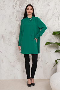 Oversized High Neck Tunic Top with Brooch Details in Dark Green