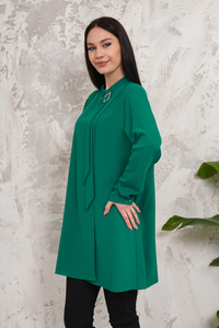 Oversized High Neck Tunic Top with Brooch Details in Dark Green
