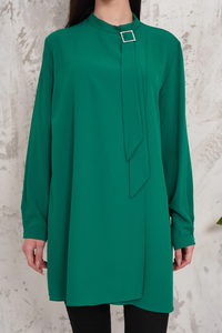 Oversized High Neck Tunic Top with Brooch Details in Dark Green