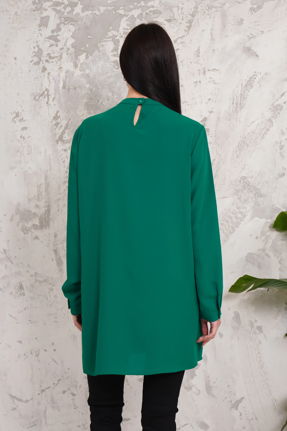 Oversized High Neck Tunic Top with Brooch Details in Dark Green