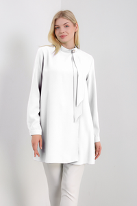 Oversized High Neck Tunic Top with Brooch Details in White