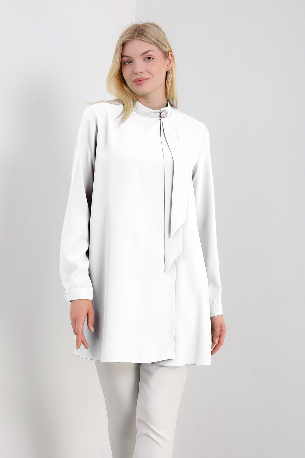 Oversized High Neck Tunic Top with Brooch Details in White