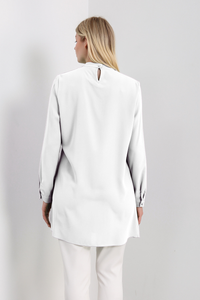 Oversized High Neck Tunic Top with Brooch Details in White