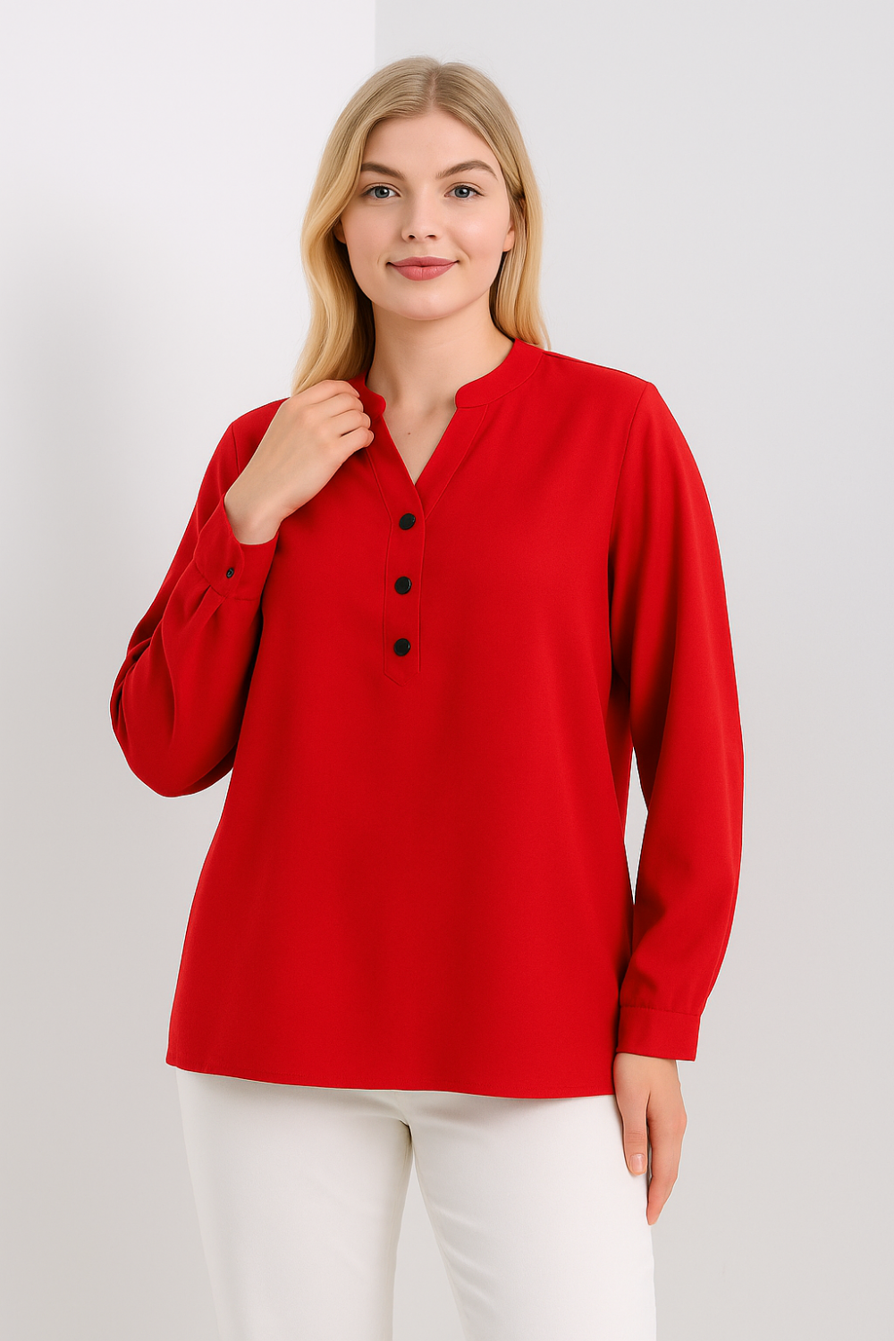 Oversized Long Sleeves Top with Button Details in Red